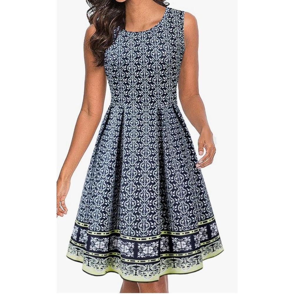 Moyabo Fit Flare Dress Womens 2XL Navy Blue Yellow Geometric‎ Border Print